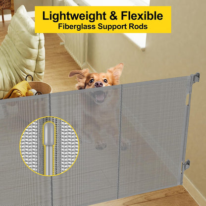 Reinforced 42” Extra Tall Retractable Baby Gates with Rods, Extends up to 60” Wide, Tall Retractable Dog Gate for Doorways Prevent Crawling Through Mesh Pet Gate Indoor Outdoor, Black