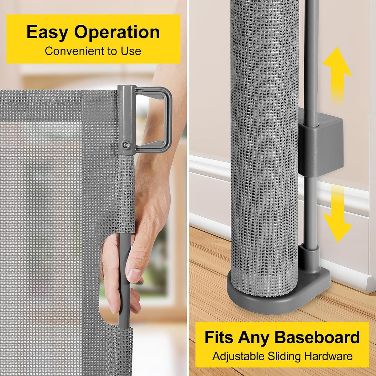 Reinforced 42” Extra Tall Retractable Baby Gates with Rods, Extends up to 60” Wide, Tall Retractable Dog Gate for Doorways Prevent Crawling Through Mesh Pet Gate Indoor Outdoor, Black