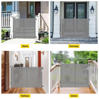 Reinforced 42” Extra Tall Retractable Baby Gates with Rods, Extends up to 60” Wide, Tall Retractable Dog Gate for Doorways Prevent Crawling Through Mesh Pet Gate Indoor Outdoor, Black