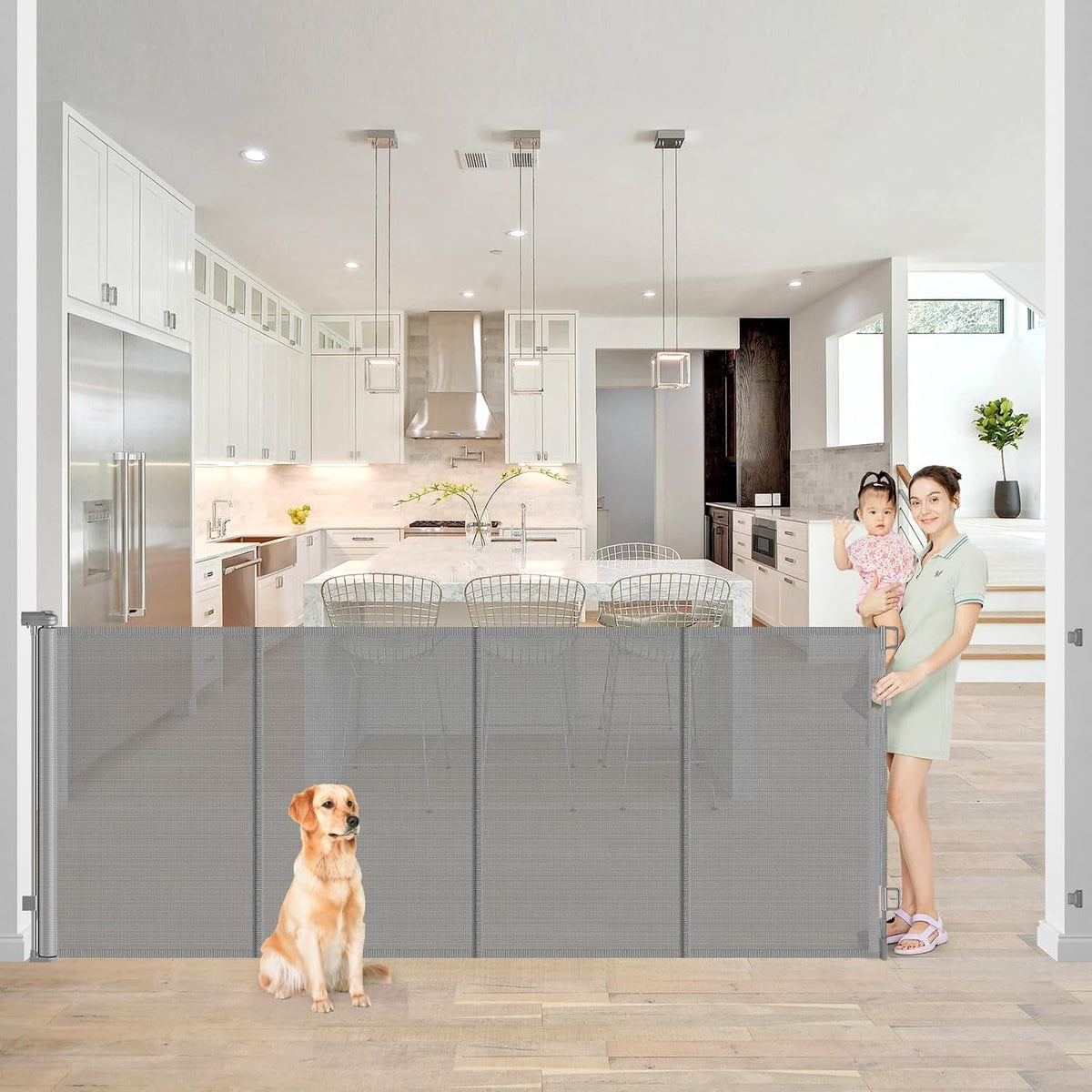 Reinforced 42” Extra Tall Retractable Baby Gates with Rods, Extends up to 60” Wide, Tall Retractable Dog Gate for Doorways Prevent Crawling Through Mesh Pet Gate Indoor Outdoor, Black