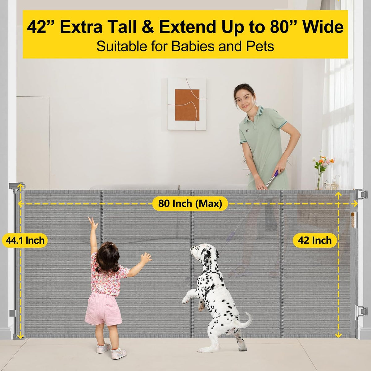 Reinforced 42” Extra Tall Retractable Baby Gates with Rods, Extends up to 60” Wide, Tall Retractable Dog Gate for Doorways Prevent Crawling Through Mesh Pet Gate Indoor Outdoor, Black