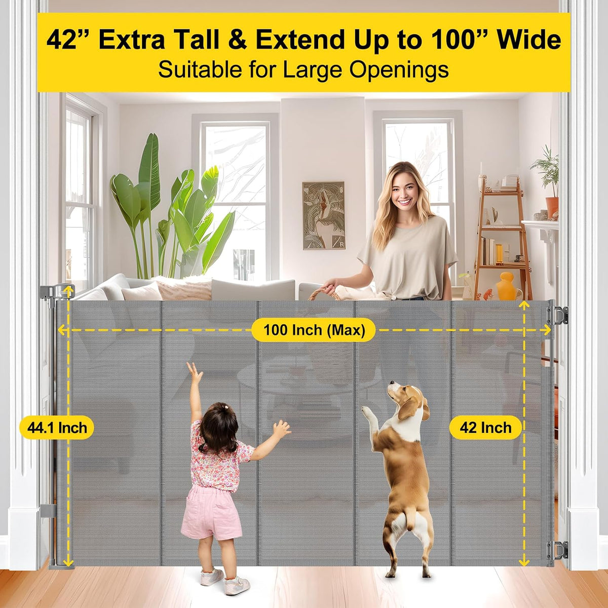 Reinforced 42” Extra Tall Retractable Baby Gates with Rods, Extends up to 60” Wide, Tall Retractable Dog Gate for Doorways Prevent Crawling Through Mesh Pet Gate Indoor Outdoor, Black