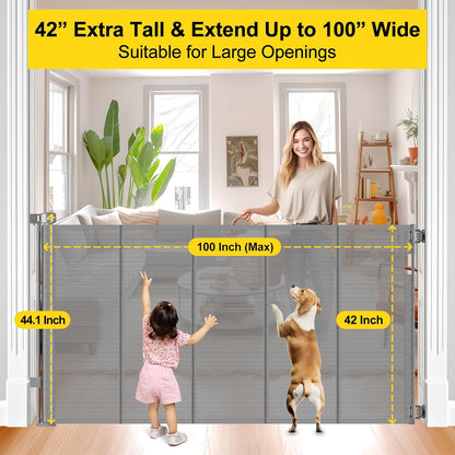 Reinforced 42” Extra Tall Retractable Baby Gates with Rods, Extends up to 60” Wide, Tall Retractable Dog Gate for Doorways Prevent Crawling Through Mesh Pet Gate Indoor Outdoor, Black
