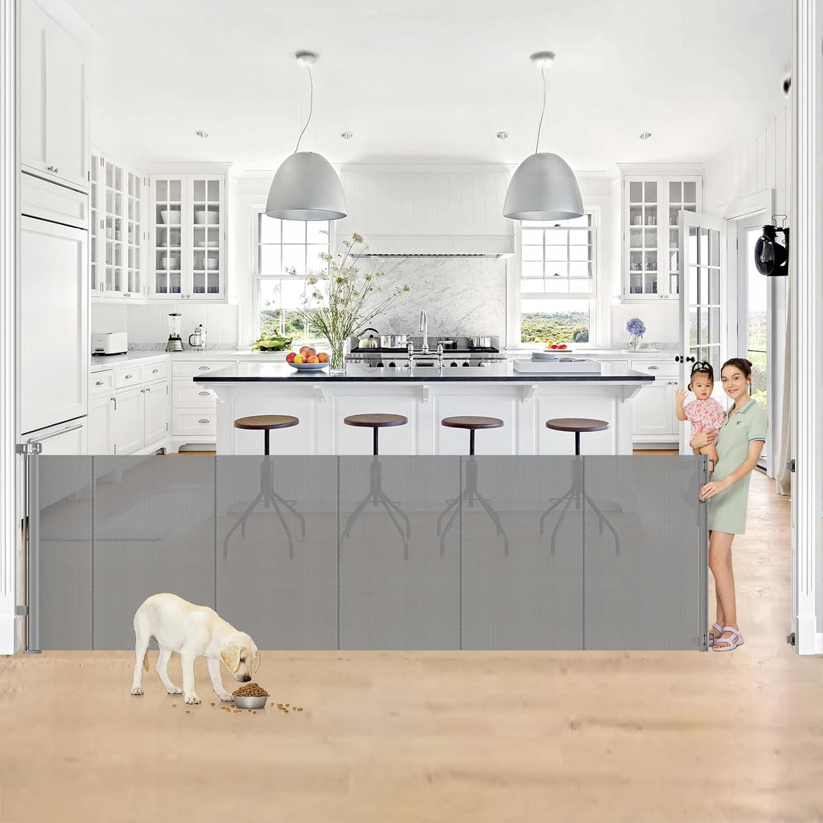Reinforced 42” Extra Tall Retractable Baby Gates with Rods, Extends up to 60” Wide, Tall Retractable Dog Gate for Doorways Prevent Crawling Through Mesh Pet Gate Indoor Outdoor, Black