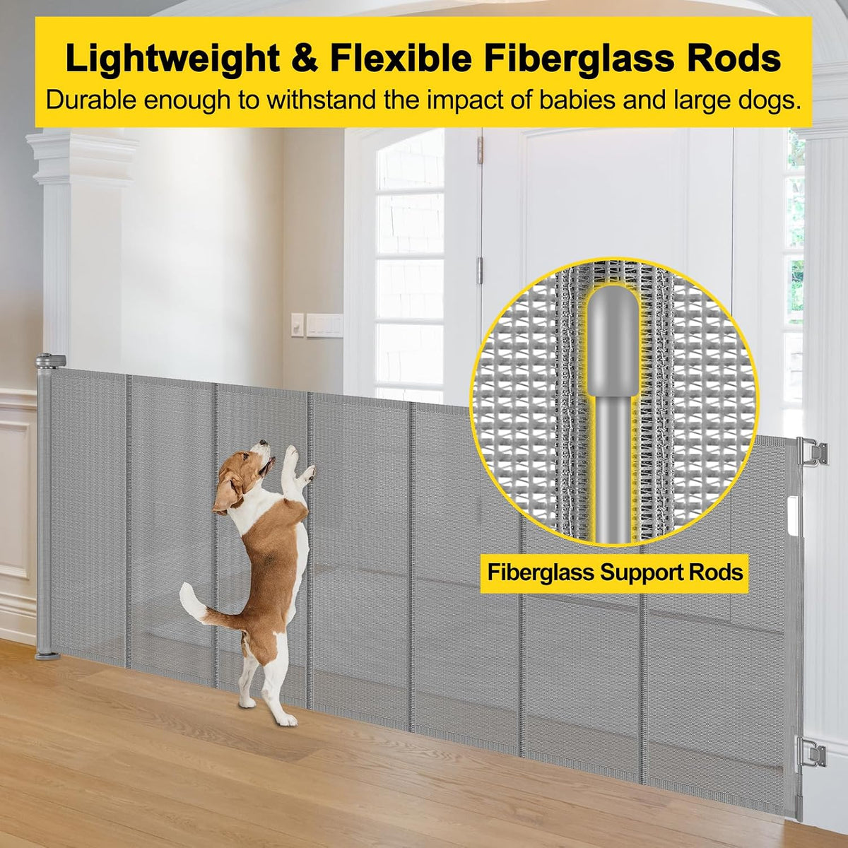 Reinforced 42” Extra Tall Retractable Baby Gates with Rods, Extends up to 60” Wide, Tall Retractable Dog Gate for Doorways Prevent Crawling Through Mesh Pet Gate Indoor Outdoor, Black