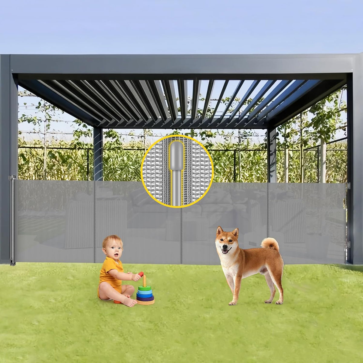 Reinforced 42” Extra Tall Retractable Baby Gates with Rods, Extends up to 60” Wide, Tall Retractable Dog Gate for Doorways Prevent Crawling Through Mesh Pet Gate Indoor Outdoor, Black