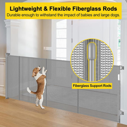 Reinforced 42” Extra Tall Retractable Baby Gates with Rods, Extends up to 60” Wide, Tall Retractable Dog Gate for Doorways Prevent Crawling Through Mesh Pet Gate Indoor Outdoor, Black