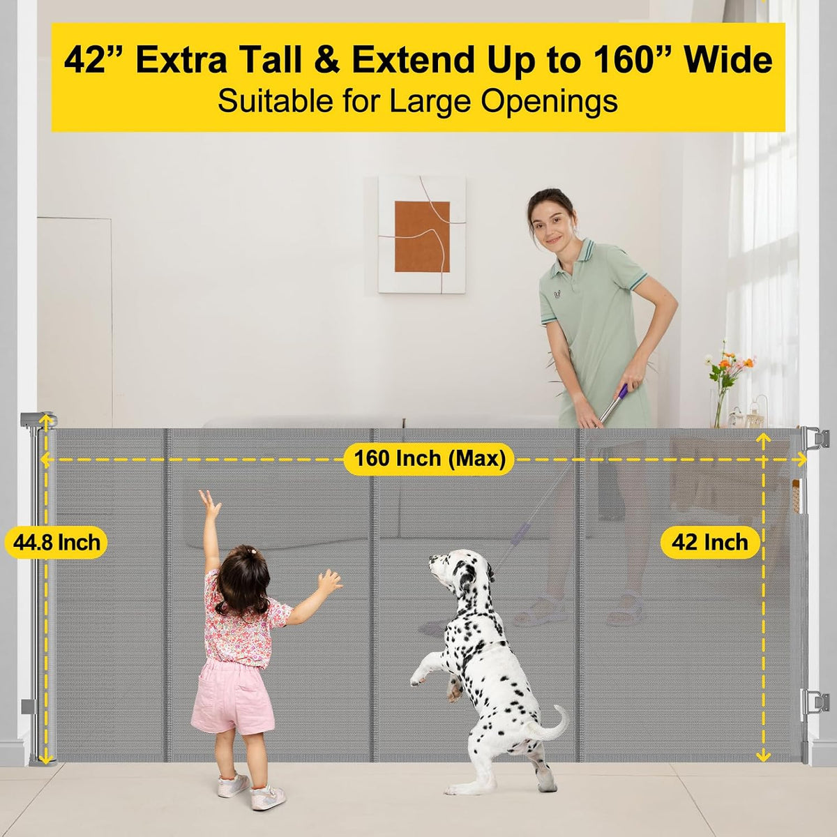 Reinforced 42” Extra Tall Retractable Baby Gates with Rods, Extends up to 60” Wide, Tall Retractable Dog Gate for Doorways Prevent Crawling Through Mesh Pet Gate Indoor Outdoor, Black