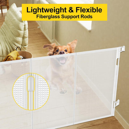 Reinforced 42” Extra Tall Retractable Baby Gates with Rods, Extends up to 60” Wide, Tall Retractable Dog Gate for Doorways Prevent Crawling Through Mesh Pet Gate Indoor Outdoor, Black