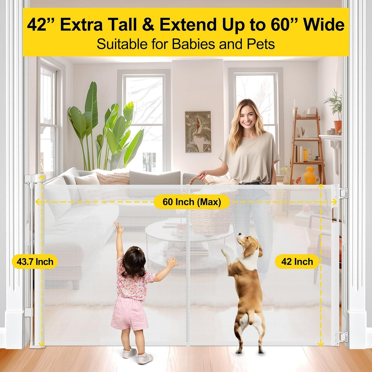 Reinforced 42” Extra Tall Retractable Baby Gates with Rods, Extends up to 60” Wide, Tall Retractable Dog Gate for Doorways Prevent Crawling Through Mesh Pet Gate Indoor Outdoor, Black
