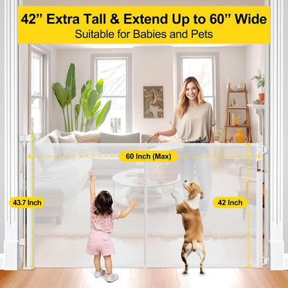 Reinforced 42” Extra Tall Retractable Baby Gates with Rods, Extends up to 60” Wide, Tall Retractable Dog Gate for Doorways Prevent Crawling Through Mesh Pet Gate Indoor Outdoor, Black