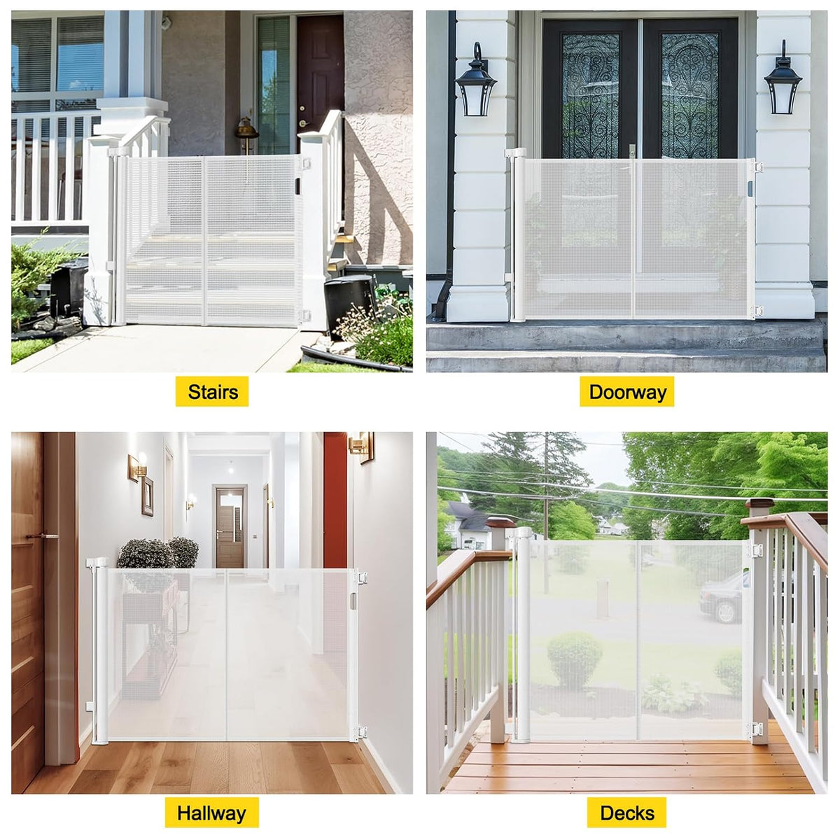 Reinforced 42” Extra Tall Retractable Baby Gates with Rods, Extends up to 60” Wide, Tall Retractable Dog Gate for Doorways Prevent Crawling Through Mesh Pet Gate Indoor Outdoor, Black