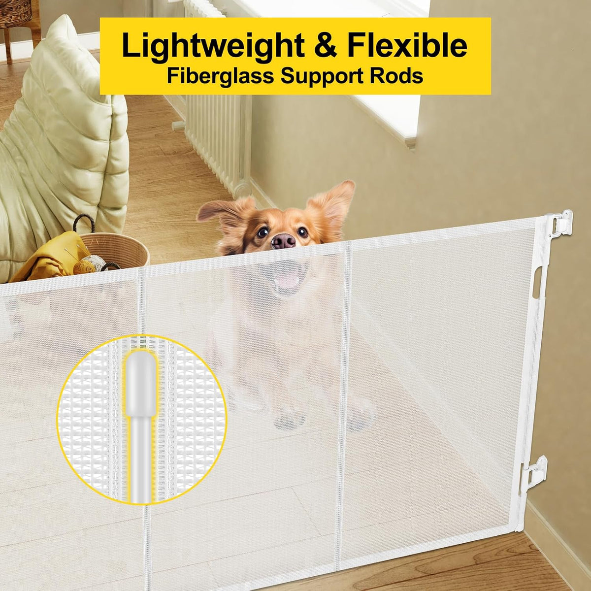 Reinforced 42” Extra Tall Retractable Baby Gates with Rods, Extends up to 60” Wide, Tall Retractable Dog Gate for Doorways Prevent Crawling Through Mesh Pet Gate Indoor Outdoor, Black