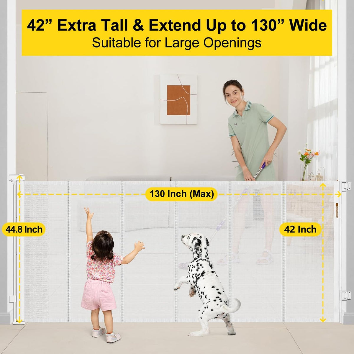 Reinforced 42” Extra Tall Retractable Baby Gates with Rods, Extends up to 60” Wide, Tall Retractable Dog Gate for Doorways Prevent Crawling Through Mesh Pet Gate Indoor Outdoor, Black