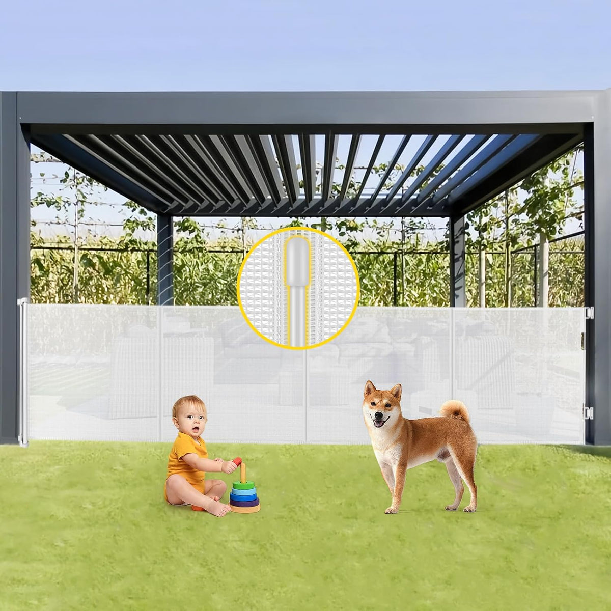 Reinforced 42” Extra Tall Retractable Baby Gates with Rods, Extends up to 60” Wide, Tall Retractable Dog Gate for Doorways Prevent Crawling Through Mesh Pet Gate Indoor Outdoor, Black