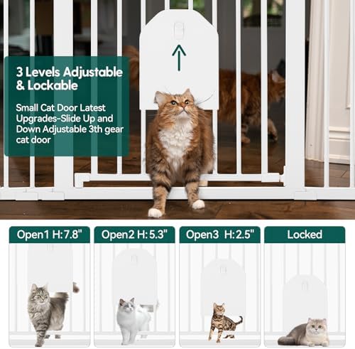 Babelio 36" Tall Auto Close Baby Gate with Small Cat Door, 29-43" Metal Cat Gate for Doorway, Stairs, House. Easy Walk Thru Dog Gate with pet Door, Includes 4 Wall Cups and 3 Extension Pieces, Black