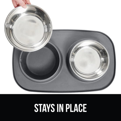 GORILLA GRIP Feeding Mat Set, Patent Pending 100% Waterproof BPA Free Silicone, Stainless Steel Cat and Dog Bowls, Slip Resistant, 1 Black mat/tray with 2 stainless steel bowls