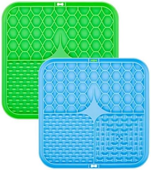 2 Pack Anti-Slip Licking Mat, Pet Food Mat Waterproof Puppy Feeding Mat, Slow Feeder Dog/Cat Bowl, Cat Licking Mat to Relieve Anxiety with Raised Edges (Pink+Purple)（6"×6"）