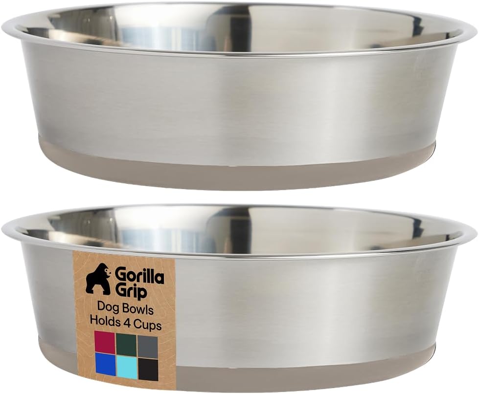 GORILLA GRIP Dog Bowls, Food Grade 304 Stainless Steel, Holds 2 Cups Each (16 fl oz) Food and Water Bowl for Feeding Dogs and Cats, Dishwasher Safe, Rust Resistant, BPA Free Rubber Base Set of 2 Black