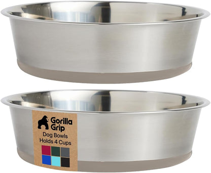 GORILLA GRIP Dog Bowls, Food Grade 304 Stainless Steel, Holds 2 Cups Each (16 fl oz) Food and Water Bowl for Feeding Dogs and Cats, Dishwasher Safe, Rust Resistant, BPA Free Rubber Base Set of 2 Black