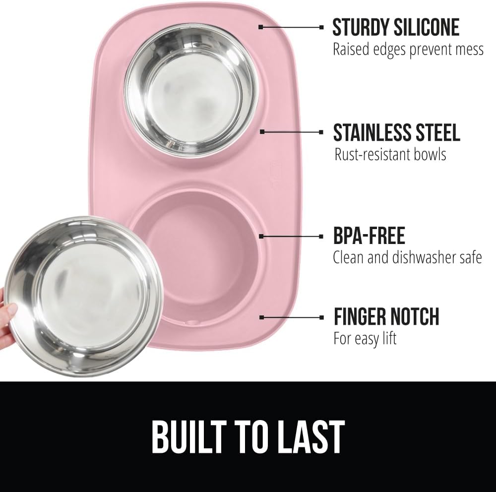 GORILLA GRIP Feeding Mat Set, Patent Pending 100% Waterproof BPA Free Silicone, Stainless Steel Cat and Dog Bowls, Slip Resistant, 1 Black mat/tray with 2 stainless steel bowls