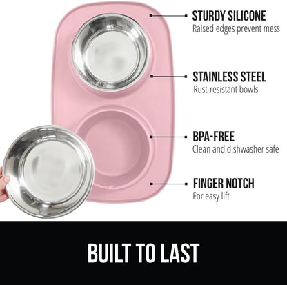 GORILLA GRIP Feeding Mat Set, Patent Pending 100% Waterproof BPA Free Silicone, Stainless Steel Cat and Dog Bowls, Slip Resistant, 1 Black mat/tray with 2 stainless steel bowls