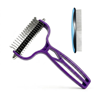 Double Sided Dematting Comb for Cats & Dogs, Undercoat Rake, Safe Deshedding Grooming Tool, Gentle Matt Remover Detangler for Long Thick Haired Pets, Ergonomic Pet Grooming Brush (Black)