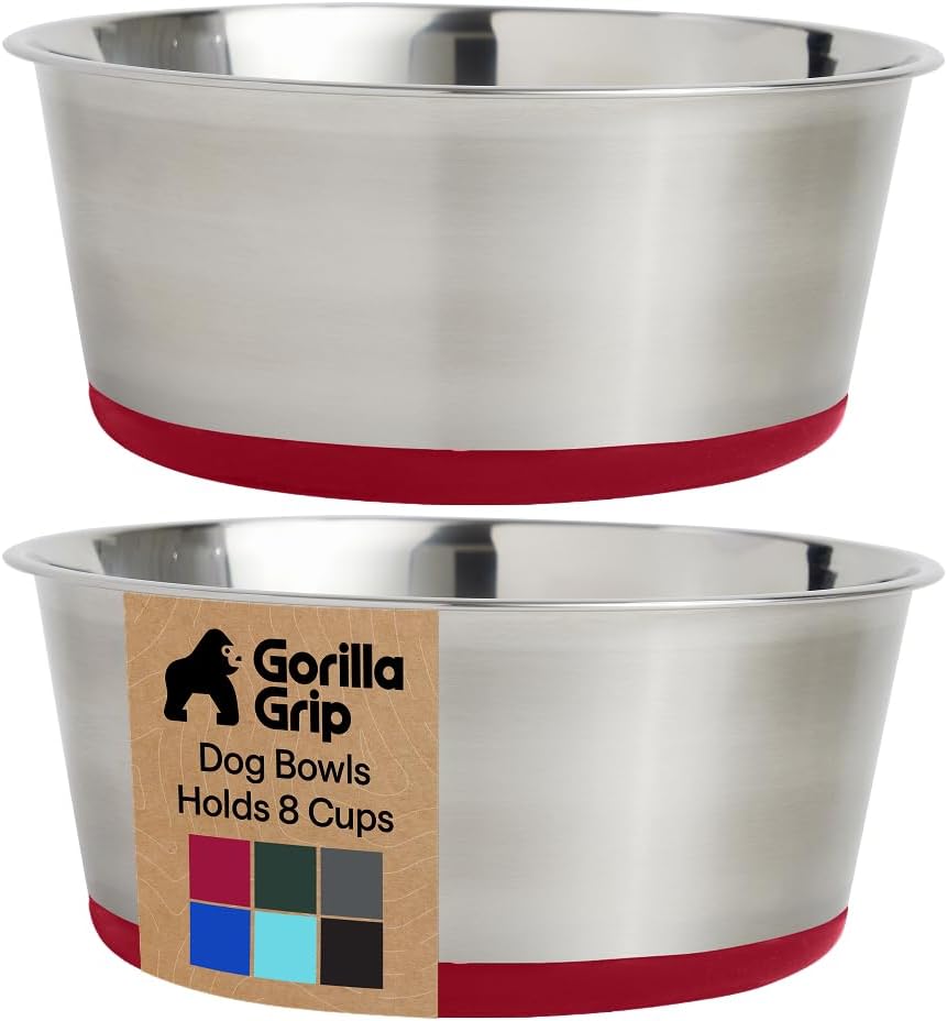 GORILLA GRIP Dog Bowls, Food Grade 304 Stainless Steel, Holds 2 Cups Each (16 fl oz) Food and Water Bowl for Feeding Dogs and Cats, Dishwasher Safe, Rust Resistant, BPA Free Rubber Base Set of 2 Black
