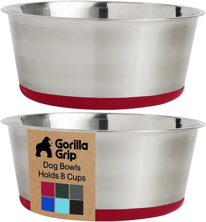 GORILLA GRIP Dog Bowls, Food Grade 304 Stainless Steel, Holds 2 Cups Each (16 fl oz) Food and Water Bowl for Feeding Dogs and Cats, Dishwasher Safe, Rust Resistant, BPA Free Rubber Base Set of 2 Black