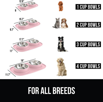 GORILLA GRIP Feeding Mat Set, Patent Pending 100% Waterproof BPA Free Silicone, Stainless Steel Cat and Dog Bowls, Slip Resistant, 1 Black mat/tray with 2 stainless steel bowls