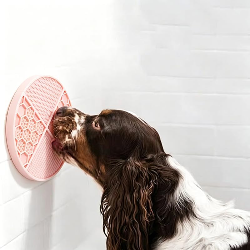 Lick Mat for Dogs, Puppies & Cats - Easy-Clean Slow Feeder Pad, Small Round Rubber Suction Mat, Honeycomb Texture, Pink, for Bathing Grooming & Anxiety Relief