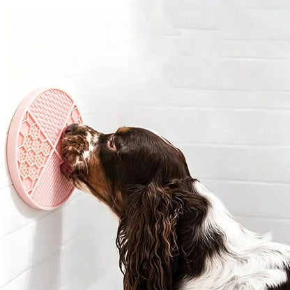 Lick Mat for Dogs, Puppies & Cats - Easy-Clean Slow Feeder Pad, Small Round Rubber Suction Mat, Honeycomb Texture, Pink, for Bathing Grooming & Anxiety Relief