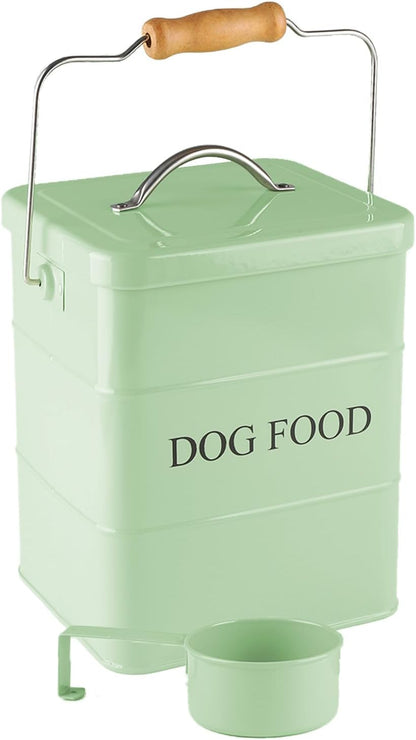 Dog Food storage container Dog Treats Jar,5~6 lb Metal food treats tin for Dog, pet snacks Canisters with wooden lid/handle/sevice scoop-Green