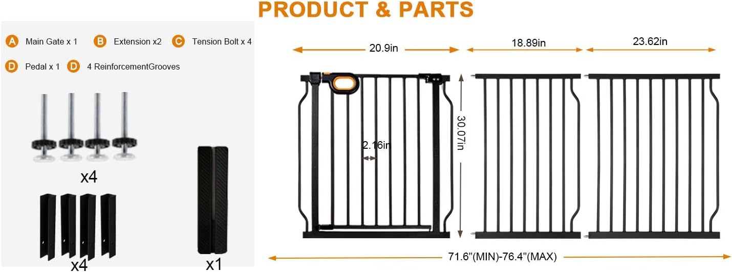 Baby Gates Extra Wide for Large Opennings with Door Pressure Mounted 90.6-95.2 Inch Extra Wide Baby Gate Dog gate for Doorways Indoor Metal Gate No Drilling with Walk-Through Door,White