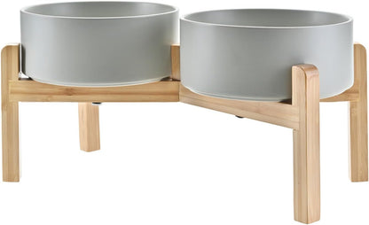 SPUNKYJUNKY Elevated Dog Bowls Ceramic, 6.1'' Dogs and Cat Food Water Bowls Raised with Non-Slip Bamboo Stand for Medium Sized Breed Microwave Dishwasher Safe - 28.7 OZ,Beige