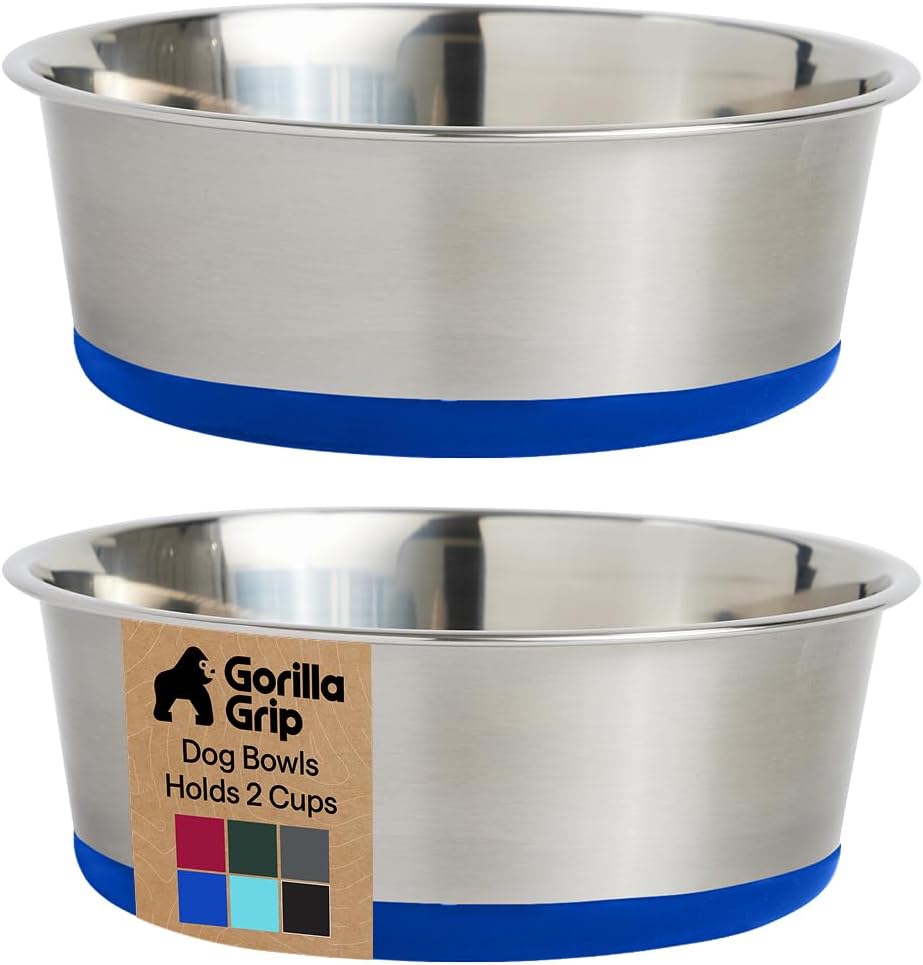 GORILLA GRIP Dog Bowls, Food Grade 304 Stainless Steel, Holds 2 Cups Each (16 fl oz) Food and Water Bowl for Feeding Dogs and Cats, Dishwasher Safe, Rust Resistant, BPA Free Rubber Base Set of 2 Black