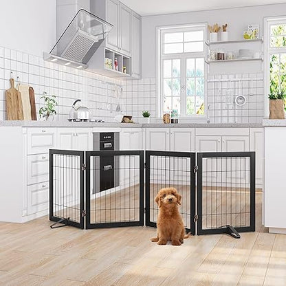 Freestanding Dog Gates Indoor, 3-Panel Pet Gates with 2 Metal Stands and 360° Hinge, 24" H Foldable Dog Gate for Stairs, Doorway, Kitchen, Expands Up to 55" Fully Assembled - Black Walnut