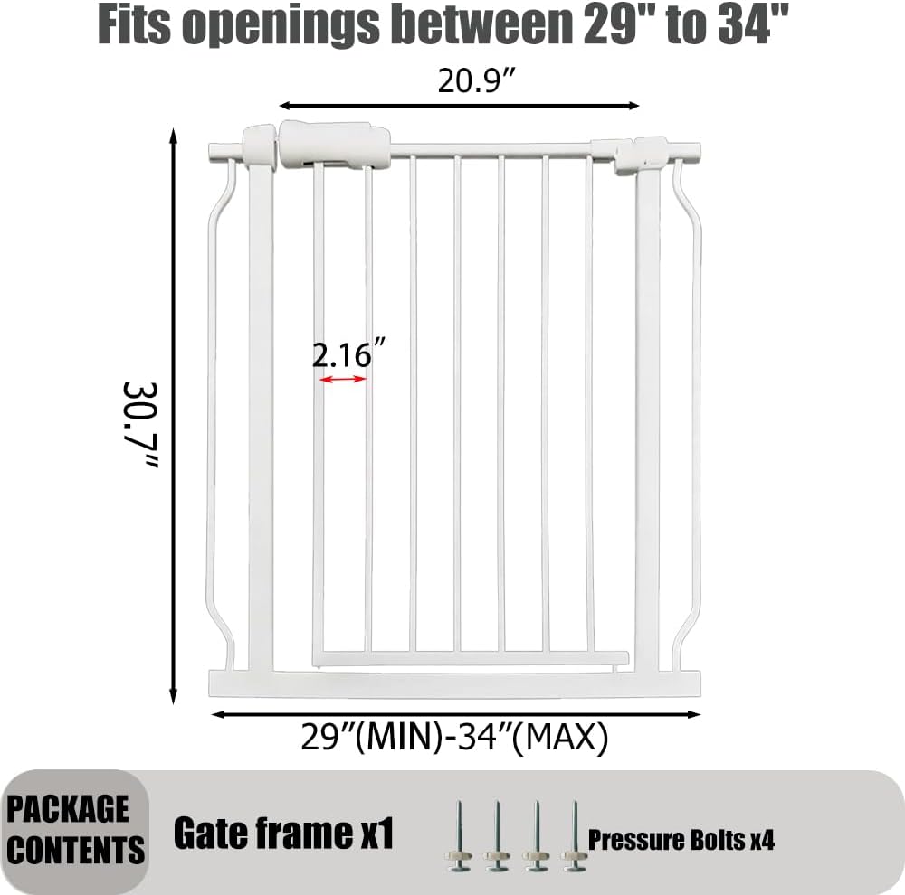 24-29 Inch Narrow Baby Gate, Pressure Mounted No Drilling Dog Gate for Stairs & Doorways, White Metal Safety Gate Indoor for Kids and Pets