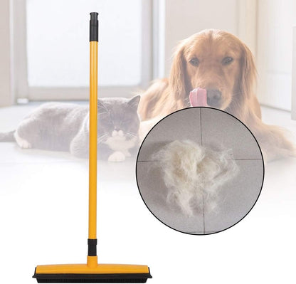 Pet Hair Sweeper, Rubber Broom Pet Hair Lint Removal Device with Telescopic Bristles Sweep Cleaner 27 to 47 Inches Adjustable Length Rubber Bristles TPE Scraper for Carpet Tile Hardwood Linoleum