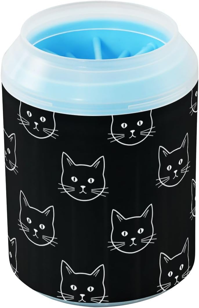 Cat Face Black Pattern Dog Paw Cleaner Cup with Soft Silicone Brush, Portable Small Lightweight Muddy Paw Washer for Dogs, Easy to Use Pet Foot Cleaner