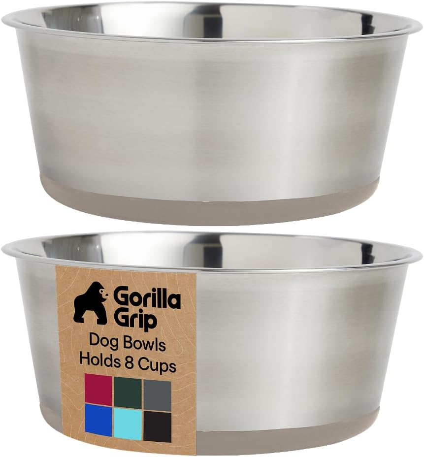 GORILLA GRIP Dog Bowls, Food Grade 304 Stainless Steel, Holds 2 Cups Each (16 fl oz) Food and Water Bowl for Feeding Dogs and Cats, Dishwasher Safe, Rust Resistant, BPA Free Rubber Base Set of 2 Black