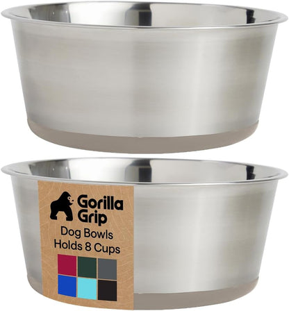 GORILLA GRIP Dog Bowls, Food Grade 304 Stainless Steel, Holds 2 Cups Each (16 fl oz) Food and Water Bowl for Feeding Dogs and Cats, Dishwasher Safe, Rust Resistant, BPA Free Rubber Base Set of 2 Black