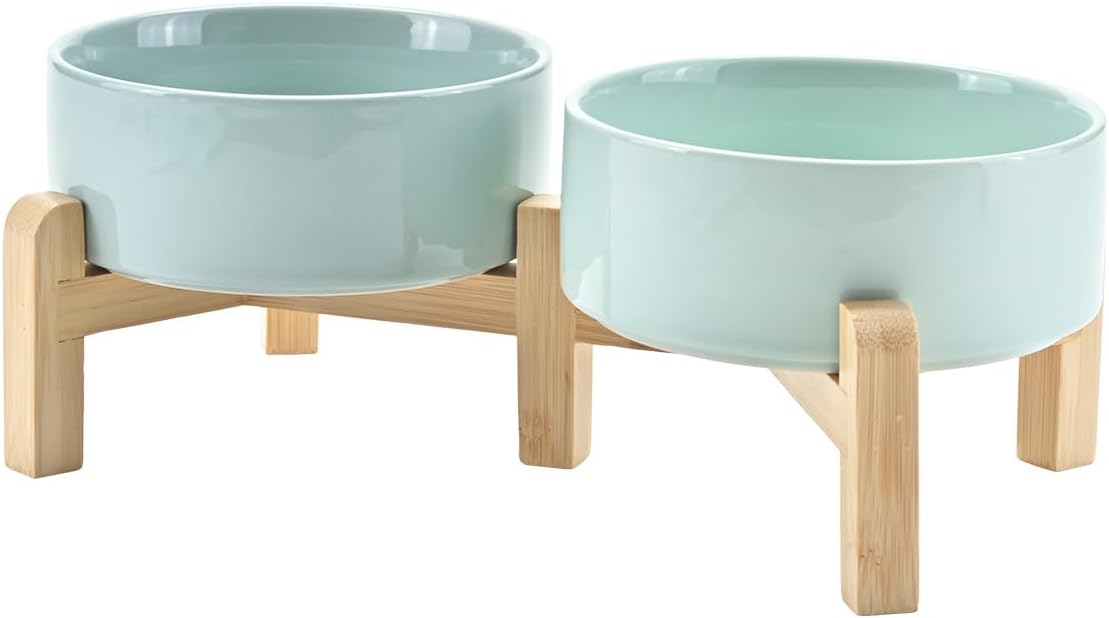 SPUNKYJUNKY Elevated Dog Bowls Ceramic, 6.1'' Dogs and Cat Food Water Bowls Raised with Non-Slip Bamboo Stand for Medium Sized Breed Microwave Dishwasher Safe - 28.7 OZ,Beige