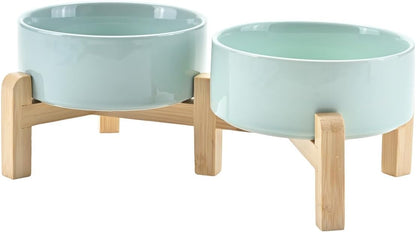 SPUNKYJUNKY Elevated Dog Bowls Ceramic, 6.1'' Dogs and Cat Food Water Bowls Raised with Non-Slip Bamboo Stand for Medium Sized Breed Microwave Dishwasher Safe - 28.7 OZ,Beige