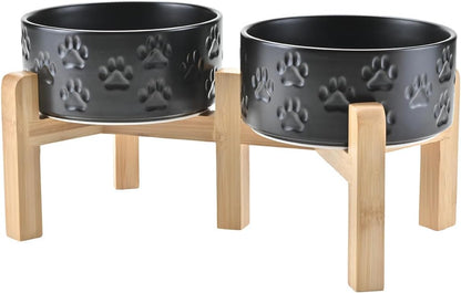 SPUNKYJUNKY Elevated Dog Bowls Ceramic, 6.1'' Dogs and Cat Food Water Bowls Raised with Non-Slip Bamboo Stand for Medium Sized Breed Microwave Dishwasher Safe - 28.7 OZ,Beige