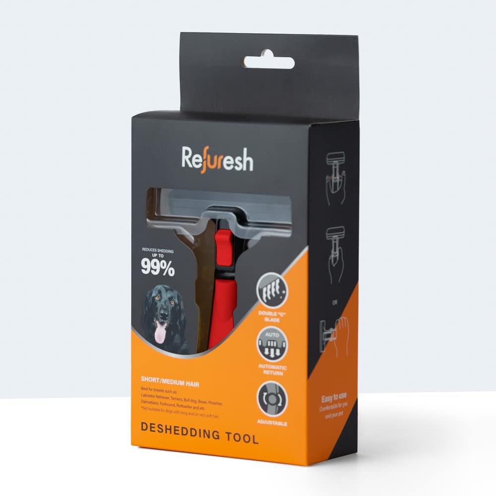 Deshedding Dog Brush for Short/Medium Hair (Medium,Red) – Gentle Deshedding Tool for Dogs & Cats – Reduces Shedding, Without damaging Topcoat. Removes Loose Fur & Dead Undercoat.