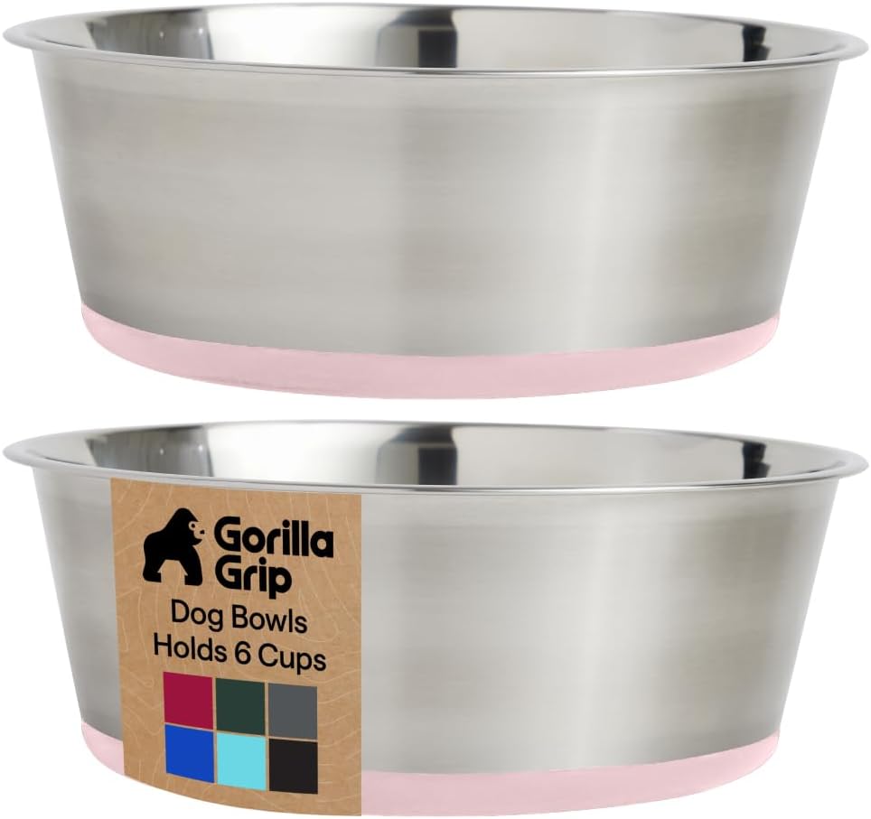 GORILLA GRIP Dog Bowls, Food Grade 304 Stainless Steel, Holds 2 Cups Each (16 fl oz) Food and Water Bowl for Feeding Dogs and Cats, Dishwasher Safe, Rust Resistant, BPA Free Rubber Base Set of 2 Black