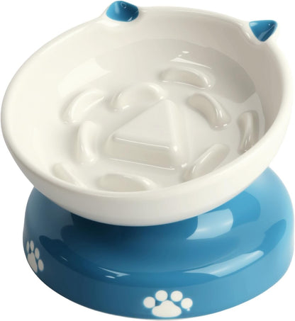 Y YHY Ceramic Cat Slow Feeder, Elevated Dog Food Bowl Tilted Design, Slow Feeder Bowl no Black Chin, Cat Shape for Dry and Wet Food