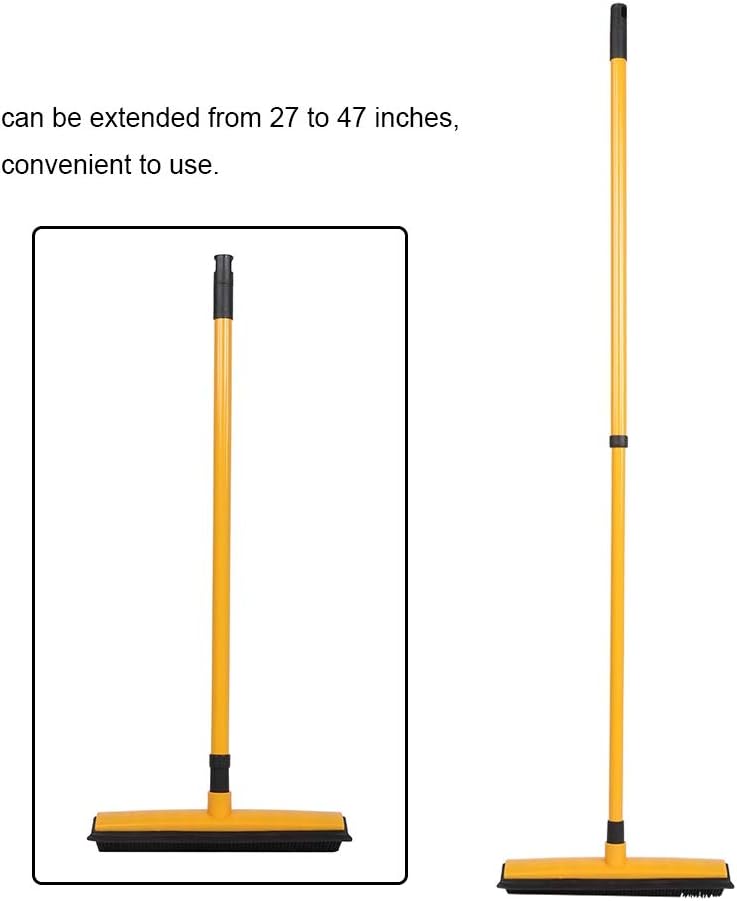 Pet Hair Sweeper, Rubber Broom Pet Hair Lint Removal Device with Telescopic Bristles Sweep Cleaner 27 to 47 Inches Adjustable Length Rubber Bristles TPE Scraper for Carpet Tile Hardwood Linoleum
