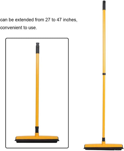 Pet Hair Sweeper, Rubber Broom Pet Hair Lint Removal Device with Telescopic Bristles Sweep Cleaner 27 to 47 Inches Adjustable Length Rubber Bristles TPE Scraper for Carpet Tile Hardwood Linoleum